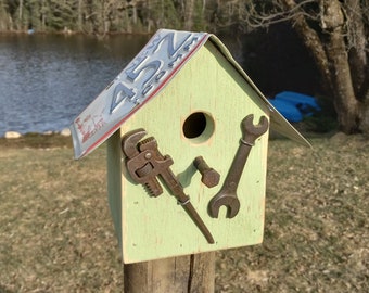 Handyman Special Birdhouse with a New York License Plate roof, Rare Vintage Plumbing pipe wrench decor Rustic