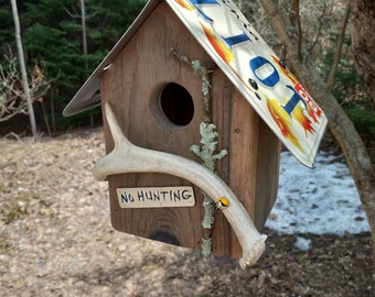 License Plate Roof Birdhouse, Whitetail Antler Perch & No Hunting Sign