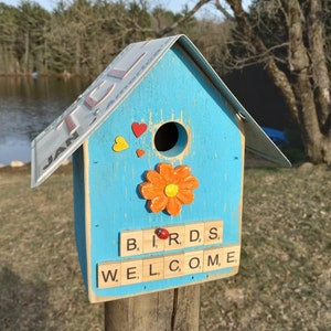 Rustiek vogelhuisje met Wisconsin nummerplaat dak scrabble tegelaccenten winterkoninkje cadeau zijden bloemen tuinhuisje decor Birds Welcome