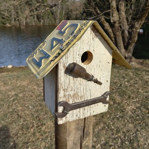 1961 Wisconsin license plate roof on birdhouse with vintage Ford wrench and antique screwdriver made with reclaimed barn wood