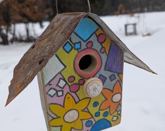Hand Painted Flower Birdhouse, Reclaimed Metal Roof, 1960s 1970's Decor