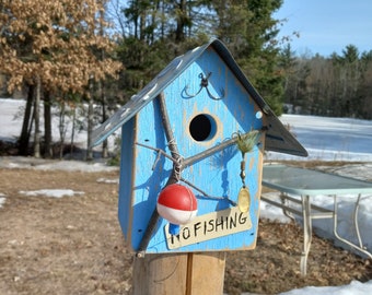 Handmade Fishing Birdhouse with Minnesota License Plate Roof