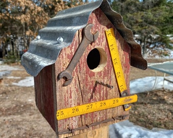 Rustic Bluebird Birdhouse, Barnwood & Vintage Metal Roof, Reclaimed Materials