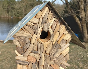 Driftwood Birdhouse with Michigan License Plate Roof, Wren House