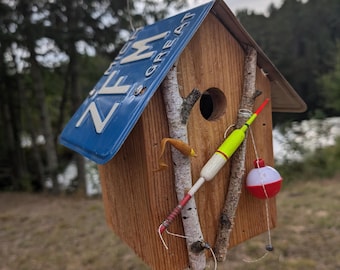 Handmade Fishing Birdhouse: Michigan License Plate Roof, Birch Branch