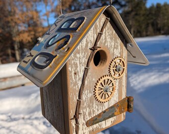 Kansas License Plate Roof Birdhouse barbed wire reclaimed hinge gears barn wood