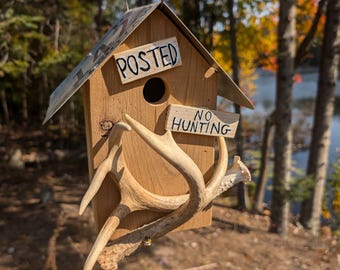 Cedar Birdhouse with License Plate Roof, Whitetail Antlers, Posted No Hunting Signs