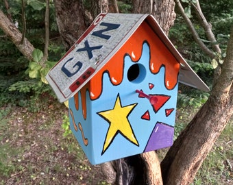 Whimsical Birdhouse with Ohio License Plate Roof, Hand-Painted