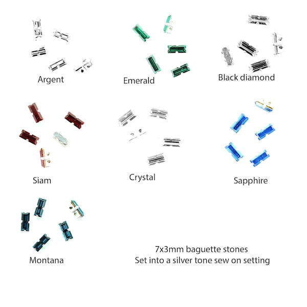 Swarovski 7x3mm baguette stones and stones in settings.  Price is for 10 stones
