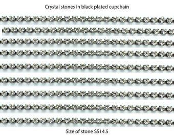 Rhinestone chain 3.6 mm SS14.5 with crystal stones.  The chain is black plated.  Price is for 1 meter