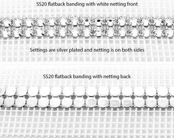 Rhinestone banding 2 row flatback SS20 (4.6mm) stones in gold settings with double sided netting. Price is for 1 and 0.5 meter
