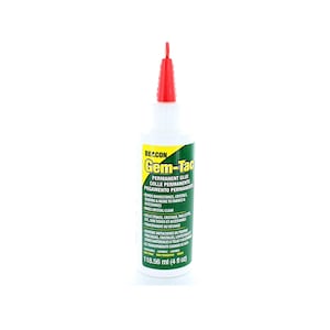 May include: A white bottle of Beacon Gem-Tac permanent glue with a red applicator tip. The label is green and yellow, with text in English and Spanish. The bottle contains 4 fl oz (118.56 ml) of glue.