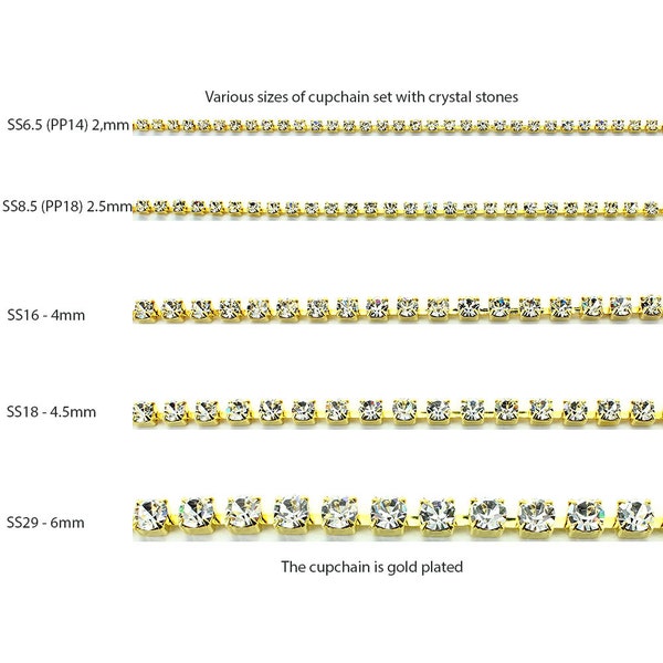 Strass Ptreciosa chaîne PP14, PP18, SS12, SS16, SS18, SS29 plaqué cristal or et argent. Les prix sont pour une chaîne de 1 mètre.
