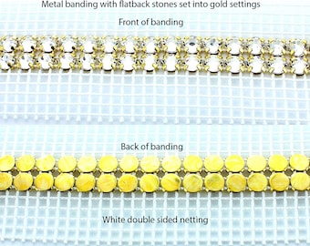 Rhinestone banding 2 row flatback SS20 (4.6mm) stones in gold settings with double sided netting.  Price is for 1  and 0.5 meter