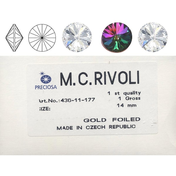 Preciosa Rivoli Stones  14mm and 16mmand 12mm  . Stones pointed both sides.  Price is for 5 stone