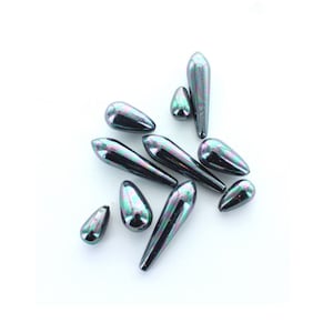 Rainbow jet pearshape drop beads.  Beads are good quality plastic with one hole at the top.  Price is for 10 or for 1 piece