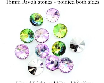 Rivolli 10mm, 14mm, 16mm stones made by Preciosa.  Pointed both sides in crystal, AB crystal, Vitreal Light. Price is for 5 stones