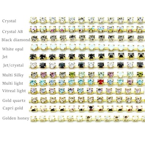 Rhinestone chain SS12 (PP24) 3mm brass best quality stones in various colours.  Price is for 1 meter