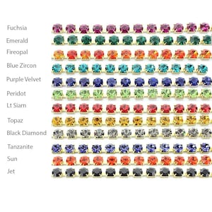Corrente de latão com strass SS30 de 6 mm cravejada com pedras coloridas da melhor qualidade, fabricada pela Preciosa. Preço por 1 metro.