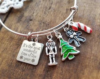 Christmas Charm Bracelet - .925 Sterling Silver With Tree, Reindeer, Santa Beads, Leather Cord & Barrel Clasp, Includes Display - View #2