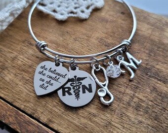 Gift for nurse, RN nurse graduation gift, she believed she could so she did charm bracelet, registered nurse gift for graduation