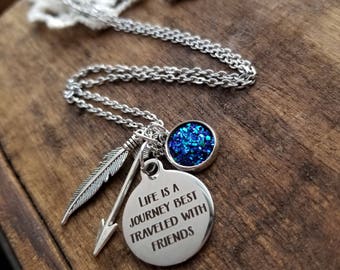 Gift for best friend, life is a journey necklace, long distance friendship gift, friendship necklace, boho jewelry, long necklace, feather