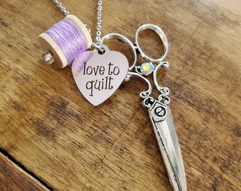 Quilter's gift, gift for quilter, sewing charm necklace, gift for seamstress, love to quilt necklace, quilt charm necklace