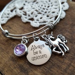 personalized gift for her, birthday gift for girl, unicorn birthday,  birthstone bracelet, unicorn bracelet, always be a unicorn bangle