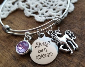 personalized gift for her, birthday gift for girl, unicorn birthday,  birthstone bracelet, unicorn bracelet, always be a unicorn bangle