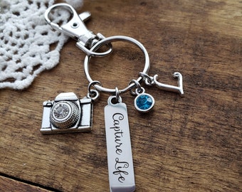 Gift for photographer, Capture life keychain, camera charm keyring,  photography keyfob, personalized photography keychain, personalized