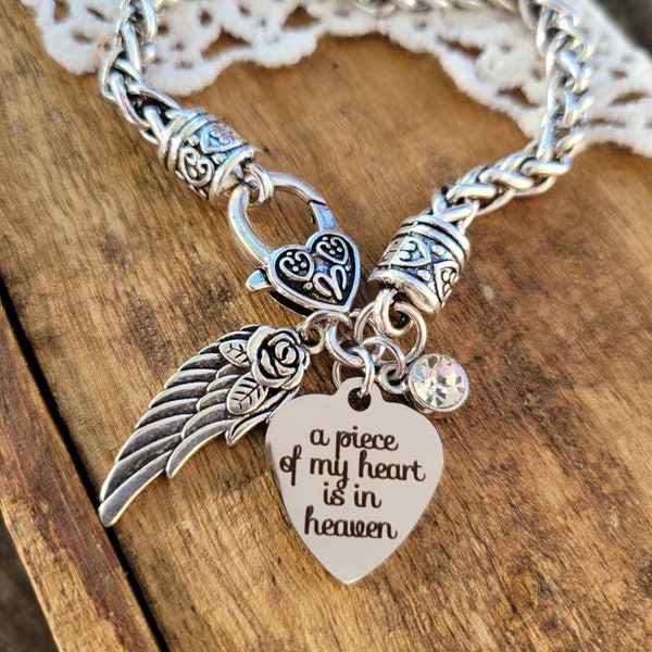 Memorial bracelet, memorial gift, a piece of my heart is in heaven bracelet,   angel wing bracelet, heaven bracelet,  in memory of mom dad