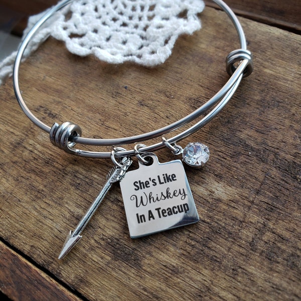 She's like whiskey in a teacup, gift for bartender, quote bracelet, country girl gift, gift for whiskey drinker, whiskey jewelry, alcohol