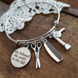 Cosmetology graduation gift, she believed she could so she did,  hairstylist gifts, hairdresser gifts, scissors charm bracelet