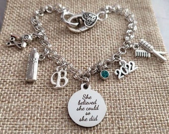 Cosmetology graduation 2026 Gift for hairstylist personalized bracelet, scissors charm bracelet, birthstone bracelet, she believed she could