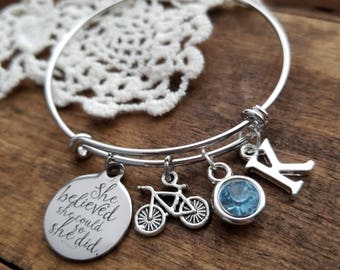 She believed she could so she did bicycle charm bracelet, fitness jewelry, gift for cyclist, weight loss bracelet, gifts for athletes coach