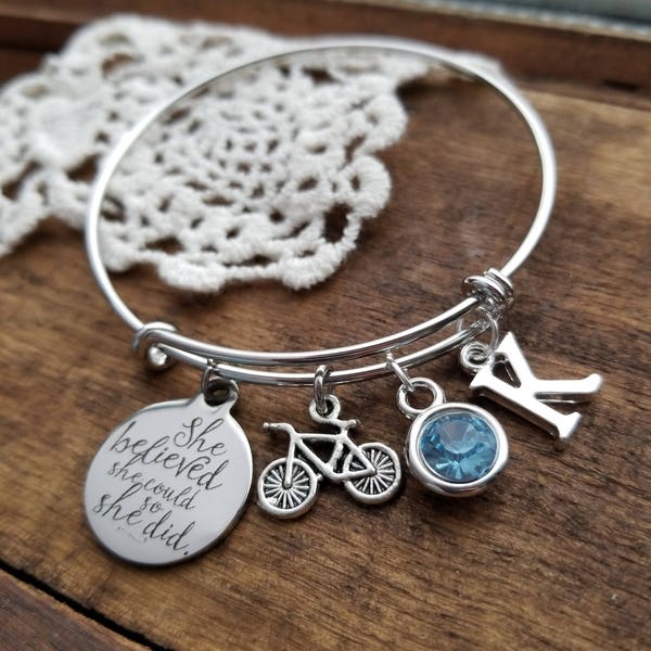 She believed she could so she did bicycle charm bracelet, fitness jewelry, gift for cyclist, weight loss bracelet, gifts for athletes coach