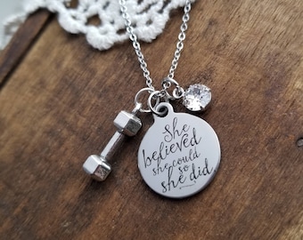 Weight loss jewelry, gift for coach, gift for trainer, she believed she could so she did necklace, fitness necklace, barbell necklace