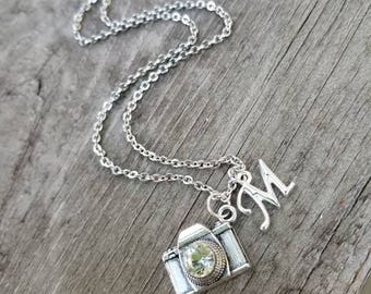 Camera necklace, silver camera jewelry, personalized camera necklace, gift for photographer, I love photography necklace, initial necklace