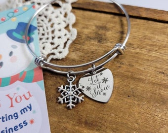 Let it snow bracelet, snowflake charm bracelet, winter jewelry, winter bracelet, snowflake bangle bracelet, holiday charm bracelet, stocking