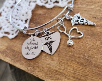 Gift for nurse, RN nurse graduation gift, she believed she could so she did charm bracelet, registered nurse gift for graduation