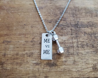Fitness necklace, me vs me charm necklace, dumbell necklace, gift for trainor, motivational jewelry, weightloss gift, weightloss necklace