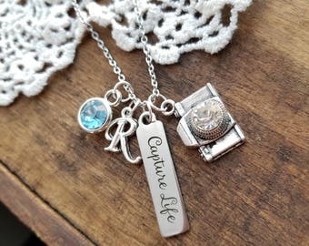 Gift for photographer, personalized camera necklace, silver camera jewelry, capture life necklace, gift for new photography business owner