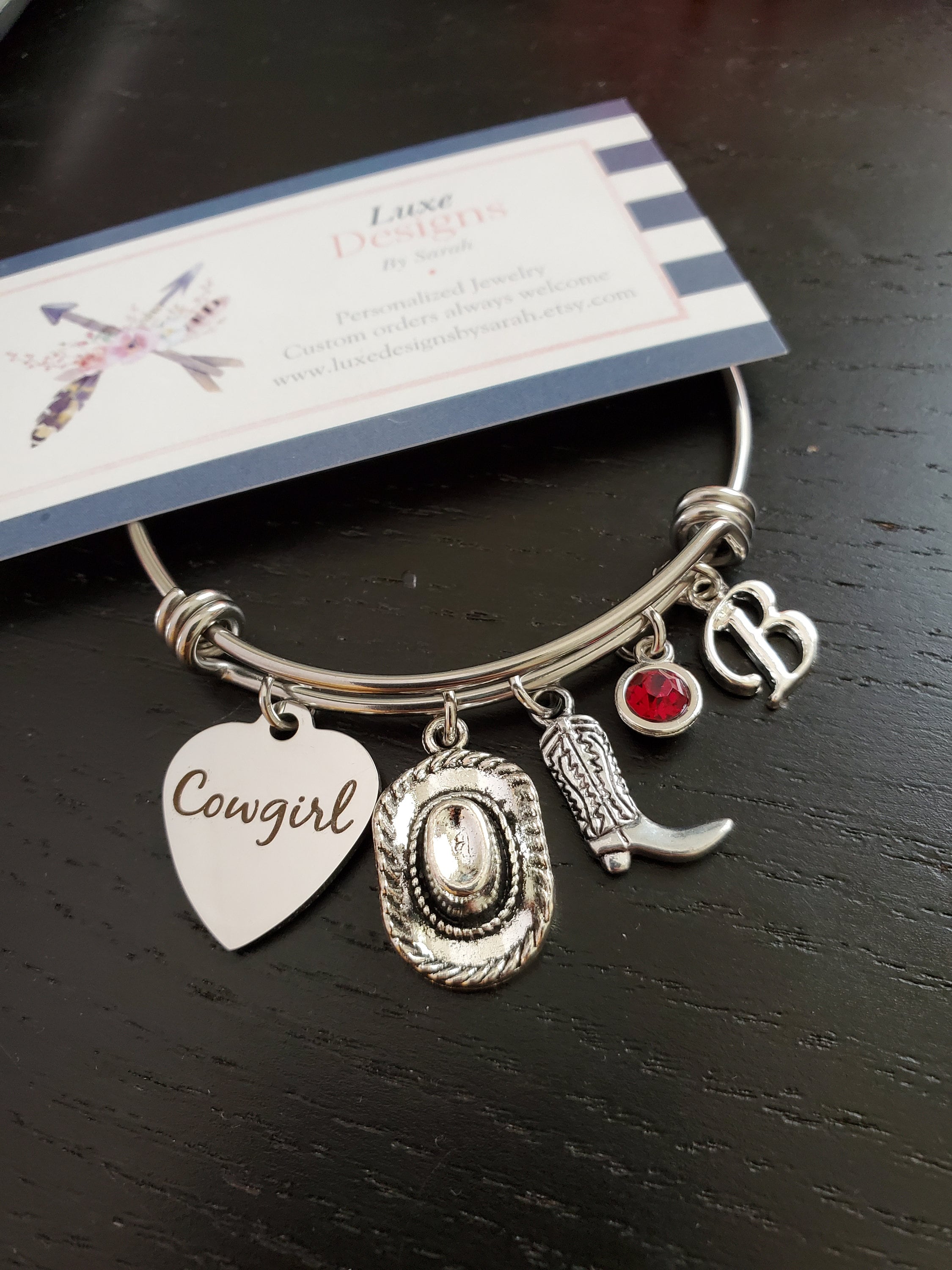 Rodeo charm bracelet,  gift for country girl, gift for cowgirl, horse lover jewelry, cowgirl charm bracelet, silver personalized bangle