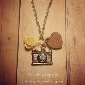Camera necklace, camera with light blue swarovski necklace, light blue photography necklace, photography gift necklace, camera flower gift