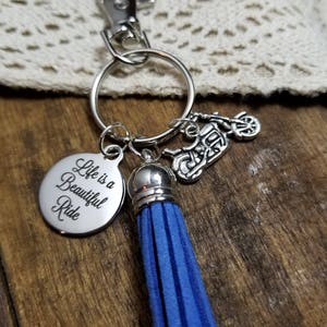 Gift for a biker, motorcycle gift, motorcycle keychain, tassel keychain, blue suede tassel keychain, life is a beautiful ride keychain