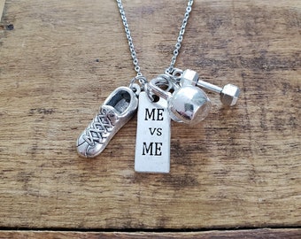 Fitness necklace, me vs me charm necklace, dumbell necklace, gift for trainor, motivational jewelry, weightloss gift, weightloss necklace