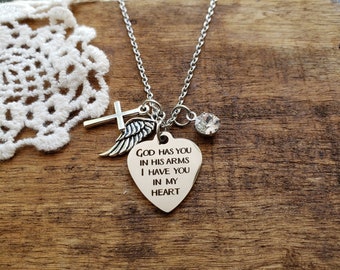 Memorial necklace, memorial gift, God has you in his arms I have you in my heart necklace, angel wing necklace, memorial jewelry