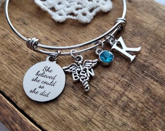 BSN graduation Gift for Nurse, gift for BSN, personalized bracelet, bsn charm bracelet, she believed she could so she did Bangle, BSN gift
