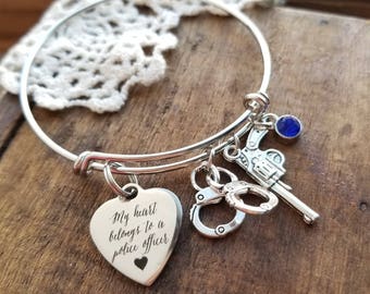 Regalo para esposa de policía, mi corazón pertenece a un oficial de policía, pulsera, joyas de vidas azules importan, regalo de esposa de policía, joyería de línea azul delgada