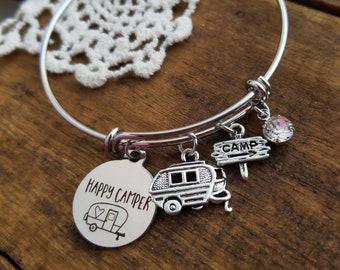 Happy camper charm bracelet camping gift,  gift for scout mom charm bracelet, charm bracelet , camper bangle bracelet, vacation jewelry